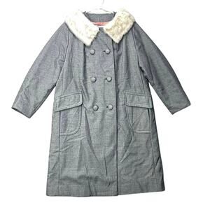 Holly Poplin Double-Breasted Coat Faux Fur Collar Wool Blend Sz L Mob Wife‎ VTG